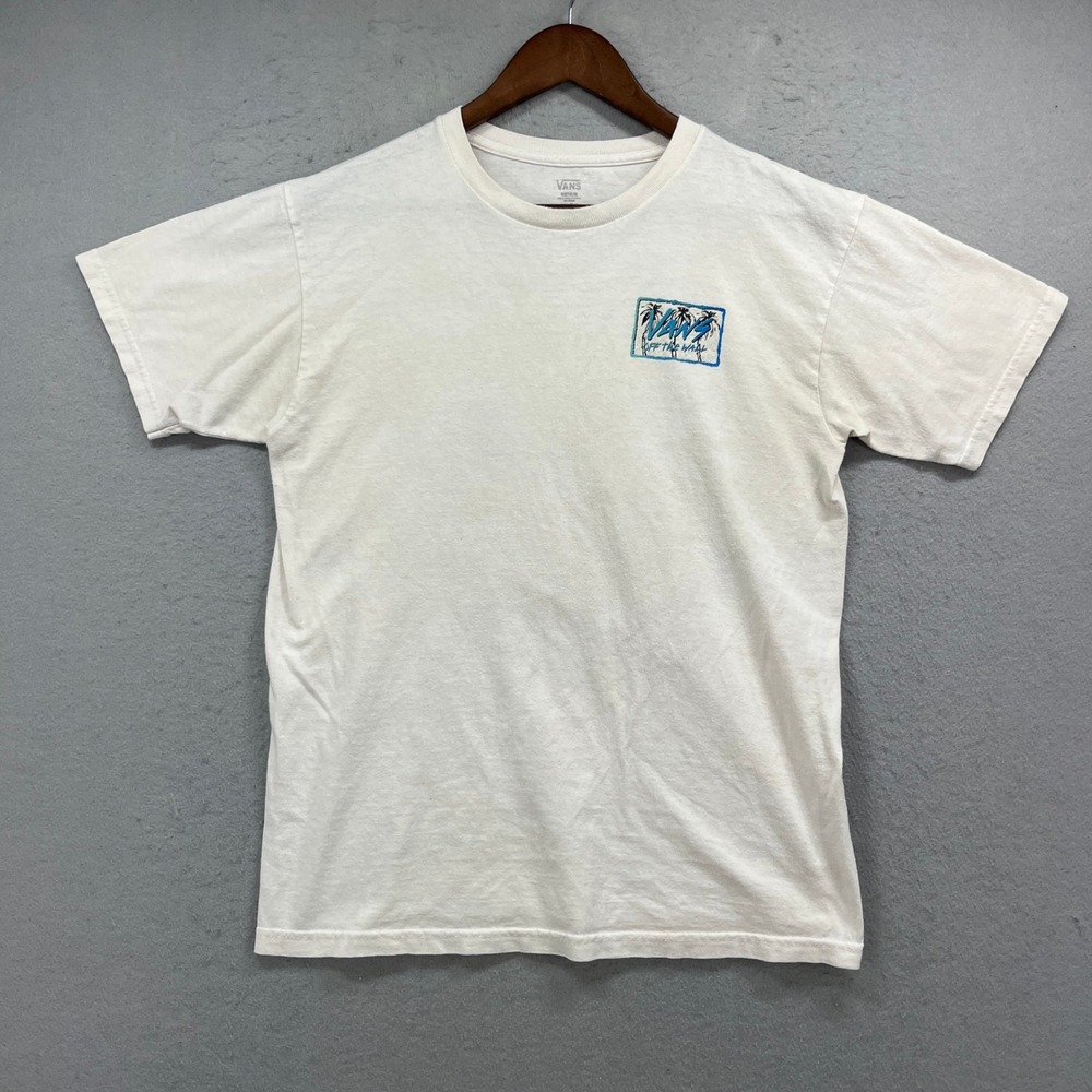 Vans T Shirt Mens Medium White Graphic Palm Trees Off The Wall Skater Surf Tee
